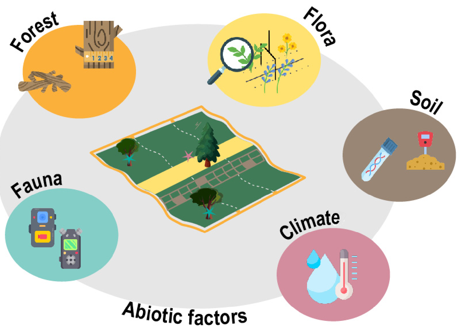 ORCHAMP monitoring scheme: forest, flora, fauna, soil and climate compartments sampled on each permanent plot